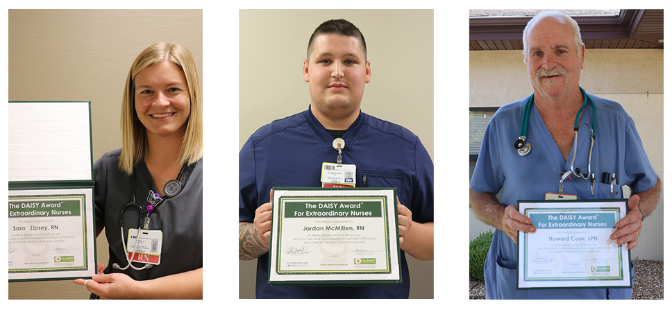 DAISY Award winners Sara Lipsey, RN, Jordan McMillen, RN, and Howard Cook, LPN