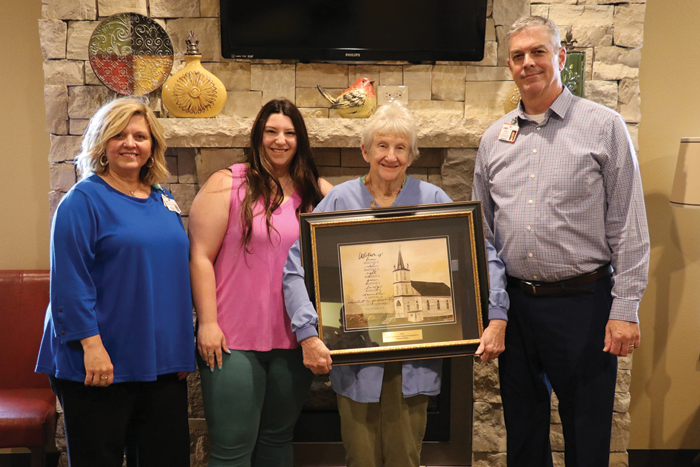 : Lillian Hutcheson Award – Martin: (from left) Shantelle Posten, Director of Volunteer Services, Bryanna Larson, Volunteer Services, Rosanne Martin, and Tregg Geren, Hospital Chief Operating Officer.